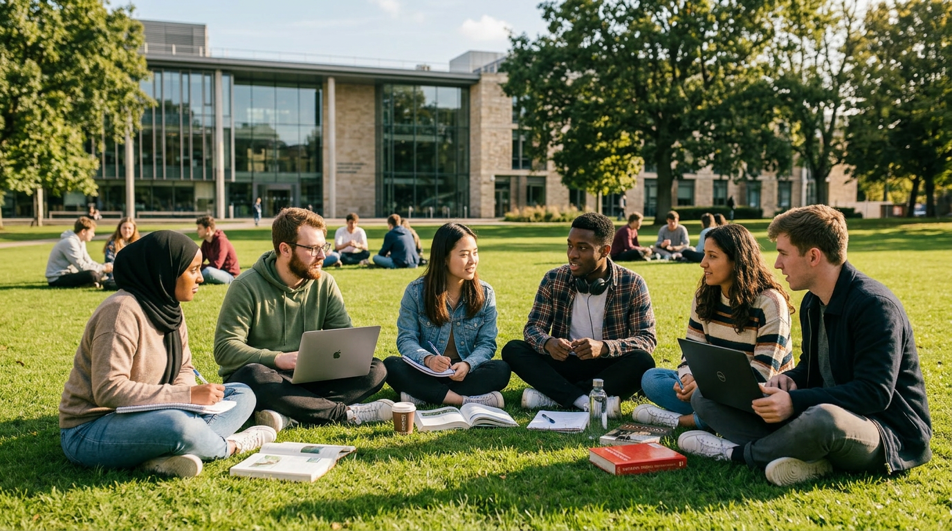 Six students studying and discussing at a library table with books and laptops