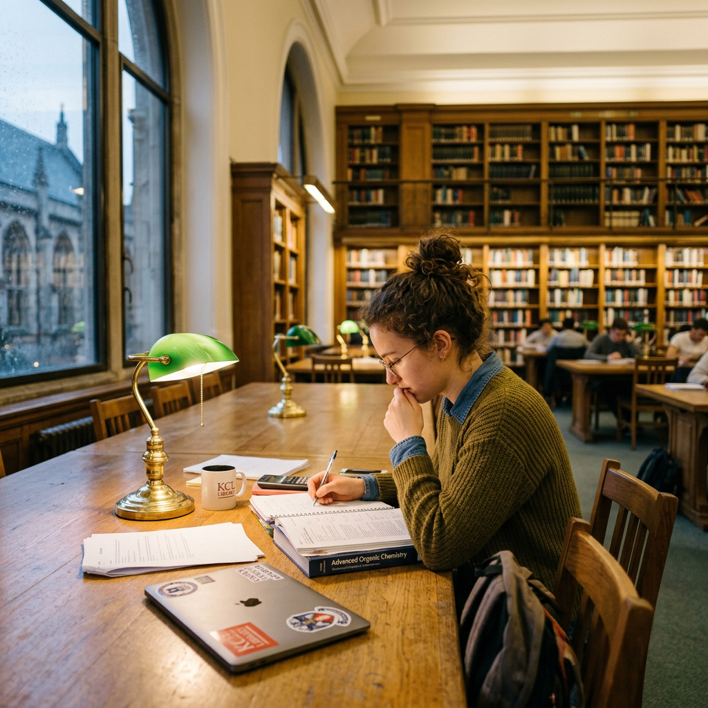 Student studying advanced organic chemistry book in a historic library