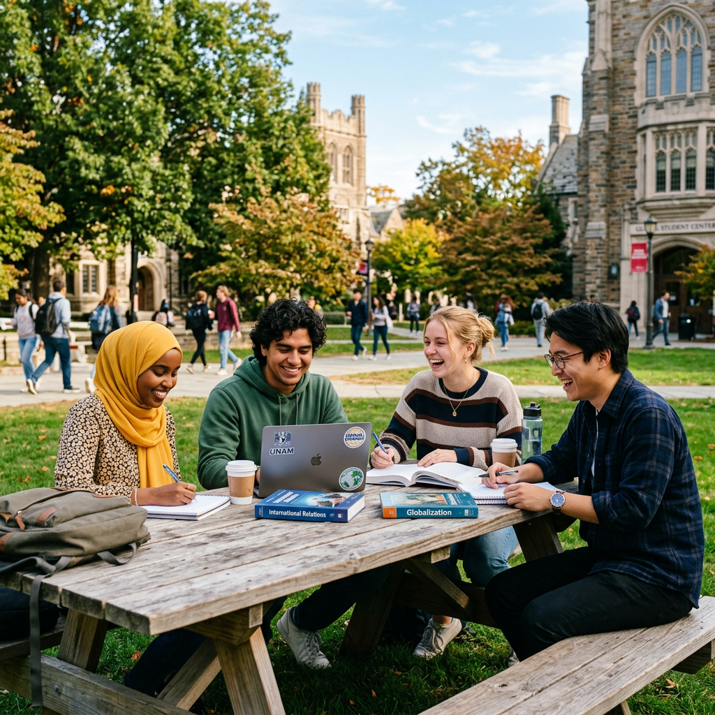 Four diverse university students studying together at an outdoor wooden picnic table with books and a laptop