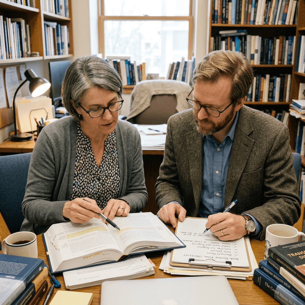 Two academics reviewing books and notes together at a desk